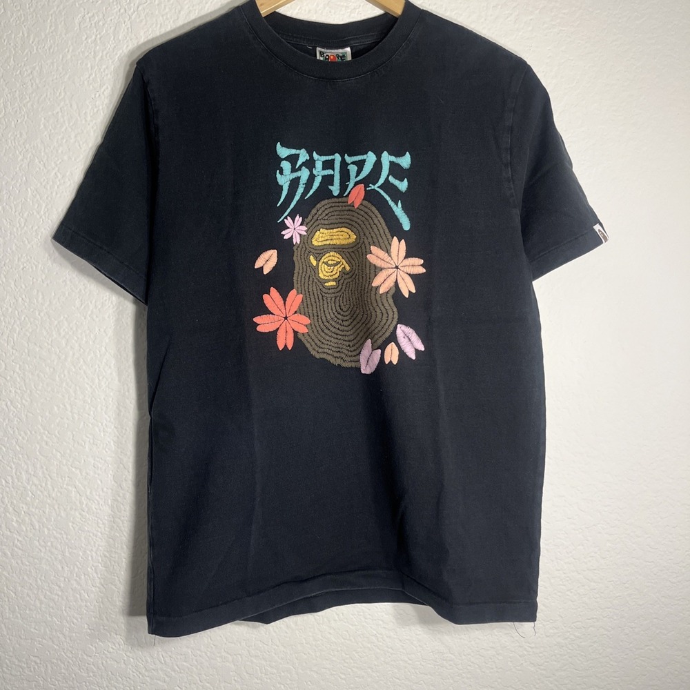 A Bathing Ape BAPE Shirt Mens 2XL Black Graphic Flower Embroidered Ape Head Tee